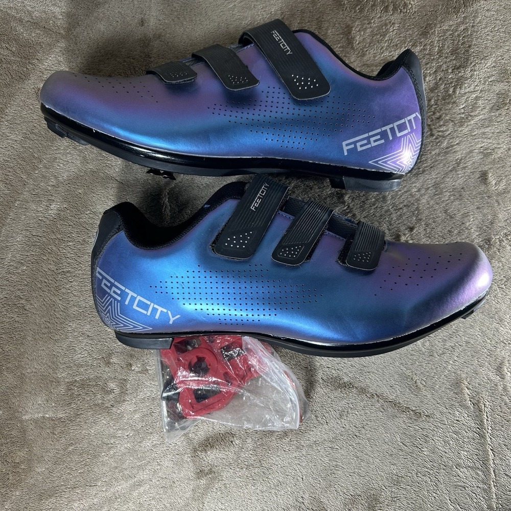 FeetCity Road Cycling Shoes 9 Men EU 43 Blue Purple 3 Strap Look Delta Cleats